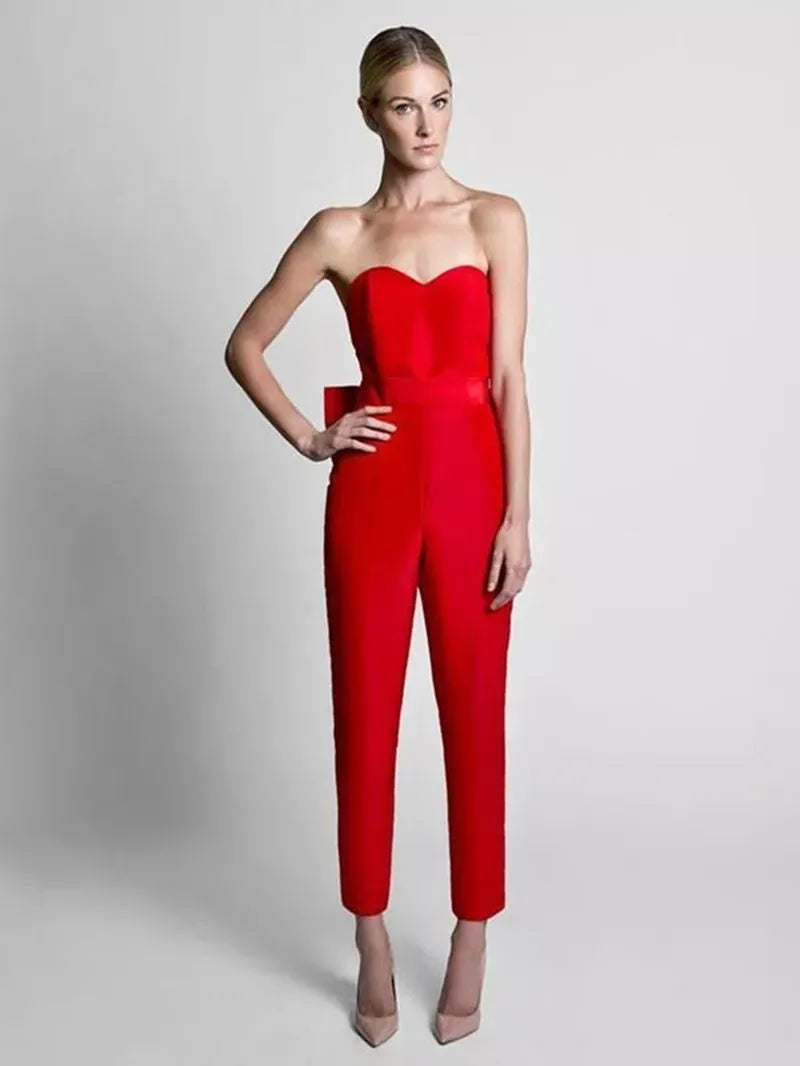 Red Jumpsuit Evening Dresses With Detachable Skirt 2022 Sweetheart Formal Pants Suit Prom Party Gown With Bow Sleeveless