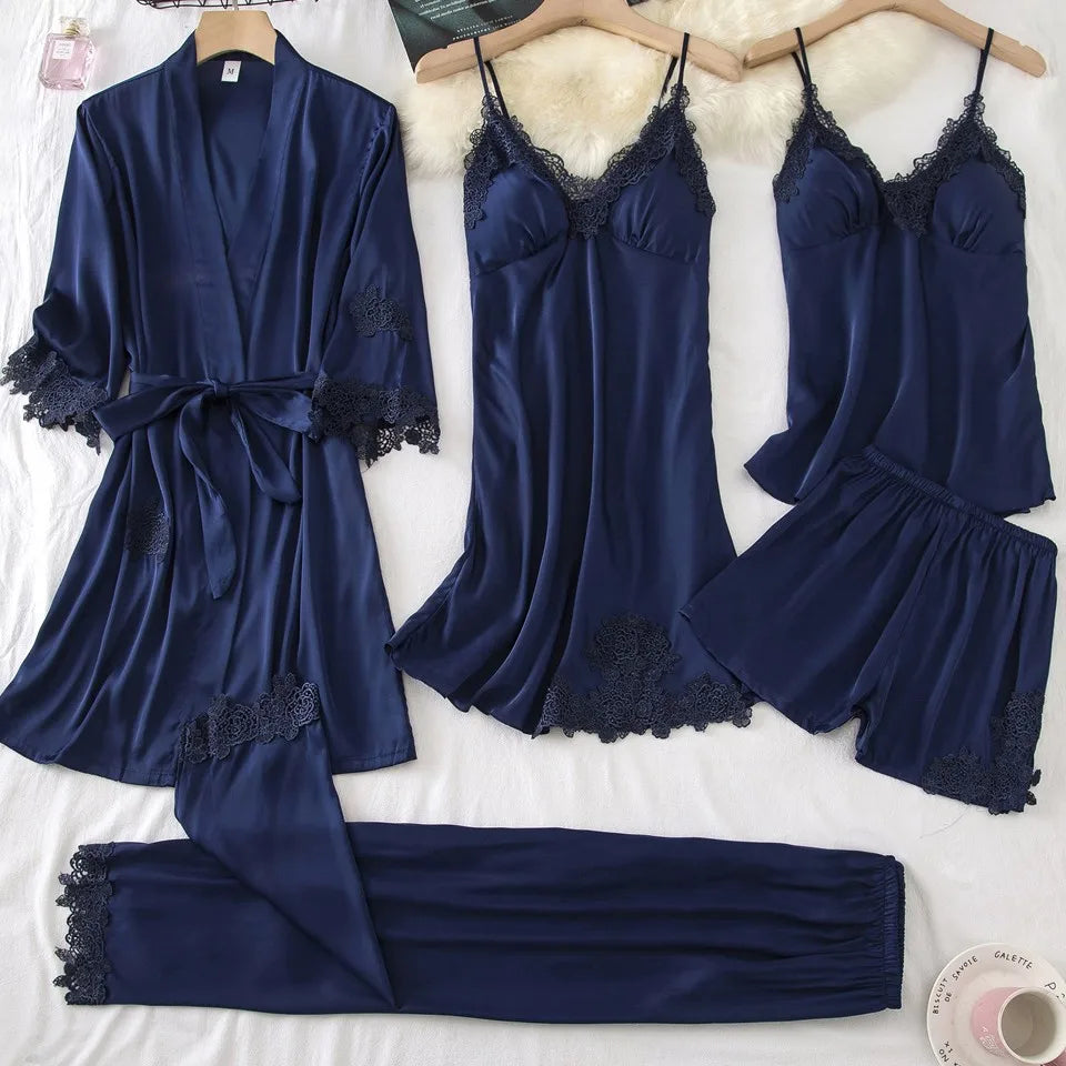 Lace PJ&#39;s Women Pajamas Suit Satin Sexy Sleepwear Summer Pyjamas With Trousers Nightgown V-Neck Kimono Robe Gown Set Lingerie