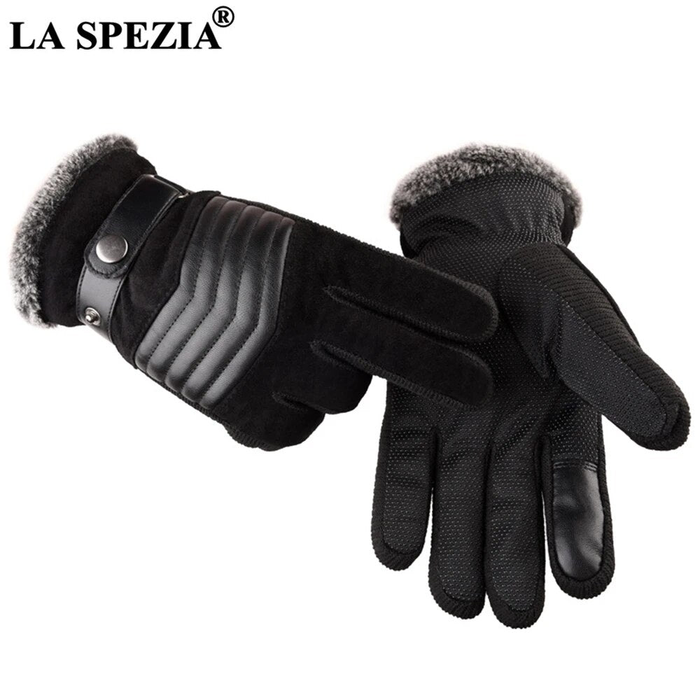 LA SPEZIA Brown Mens Leather Gloves Real Pigskin Russia Winter Gloves Warm Thick Driving Skiing Men's Gloves Guantes Luvas