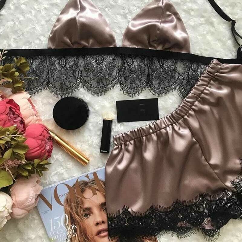 Pajamas Set Women Lingerie Sleepwear Sexy Strap Nightwear Satin Lace V-Neck Pyjamas Sleeveless Top and Shorts Nightie Kit