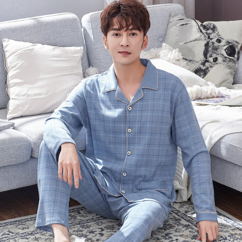 Winter 100% Cotton Pajamas Men Blue Sleepwear  Warm Pyjama Homme Cotton Pijamas Hombre Invierno Cotton Plaid Pyjamas Plus Size