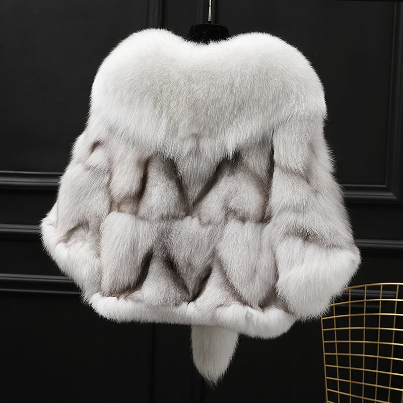 Winter Cloak Warm  Women Cardigan big real Fox Fur Collar Cape Fashion Solid Poncho With medium Fur Sleeves Evening dress shaw