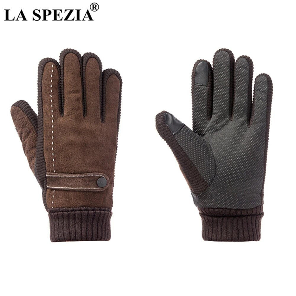 LA SPEZIA Mens Leather Gloves Pigskin Winter Gloves Black Brown Warm Thick Driving Men's Gloves Guantes