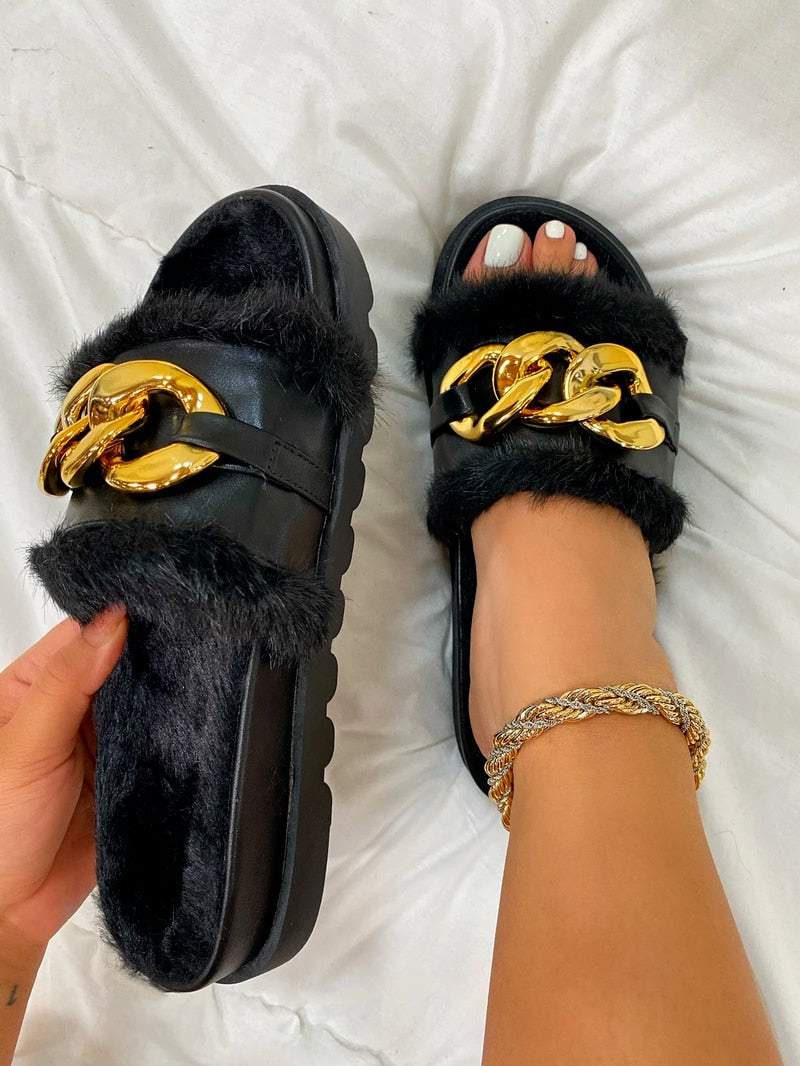 2021 Winter Plush Slippers Fashion Open Toe Solid Color Women&#39;s Sandals Metal Chain Outdoor Casual Women&#39;s Shoes  Fashion Shoes