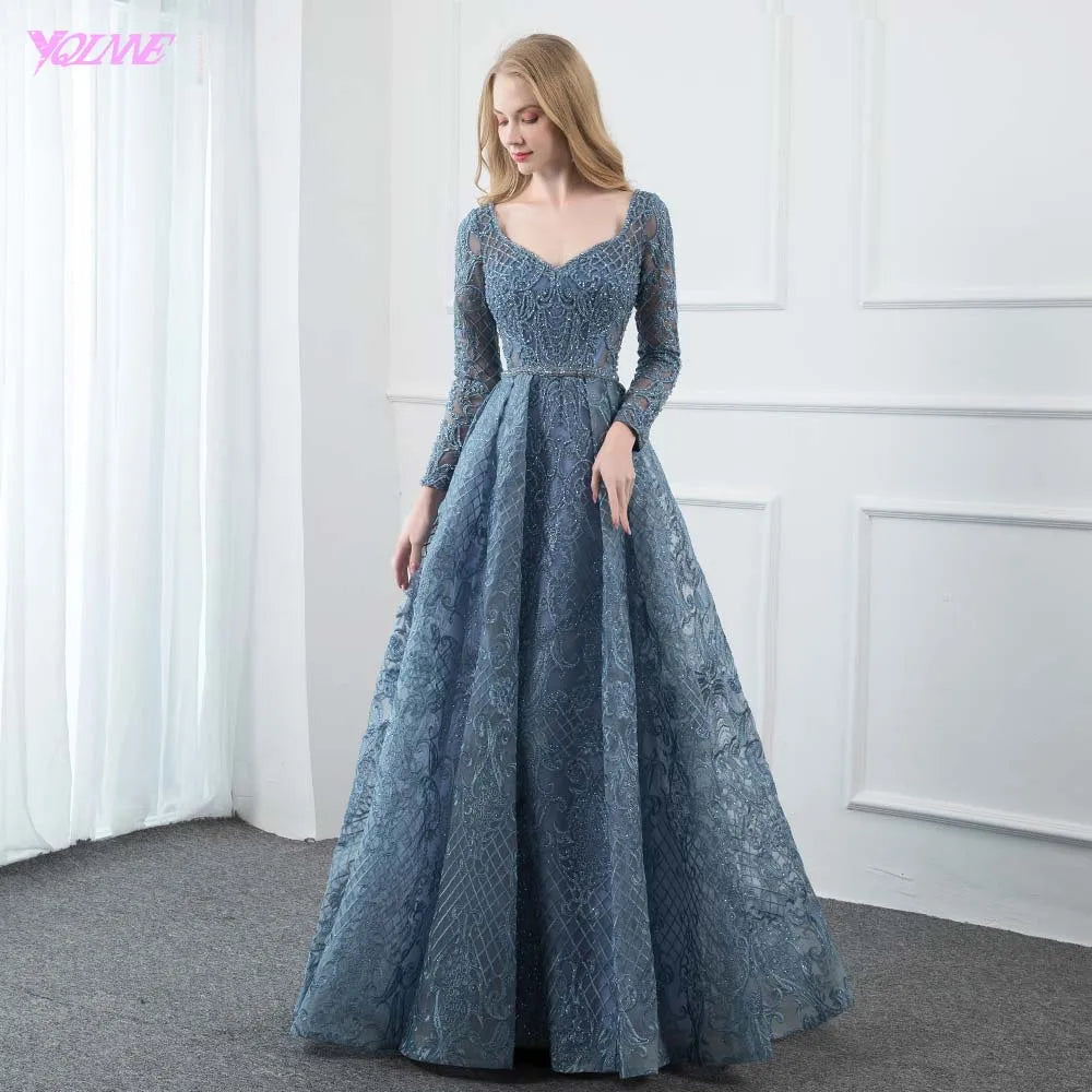 YQLNNE Dusty Blue Lace Embroidered Evening Dress Long Sleeve Formal Ball Gown Evening V Neck Crystal Beaded Dubai Dresses