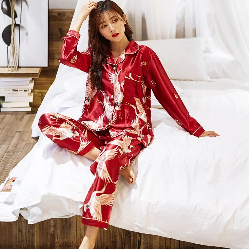 OVERSIZE Couples Print Pajamas Suit Shirt&amp;Pants Silky 2PCS Sleep Set Kimono Bathrobe Gown Casual Bridal Wedding Gift Nightwear