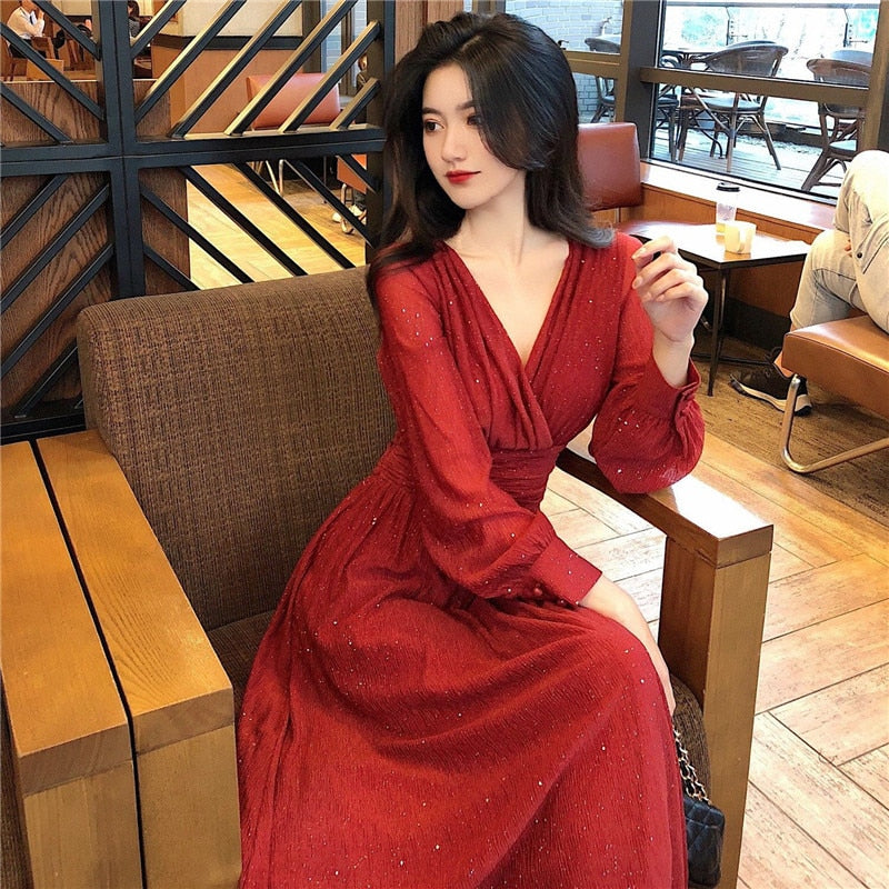 Women Dress Autumn V-Neck Long Sleeve Shiny Midi Dress A-Line Evening Night Party Elegant Dress Red Black Pink vestidos 2021