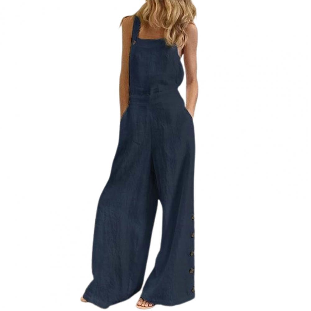 Women Jumpsuit Summer Sleeveless Solid Color Wide Leg Pockets Loose Strappy Playsuit Overall Wide Leg Pockets mono mujer verano