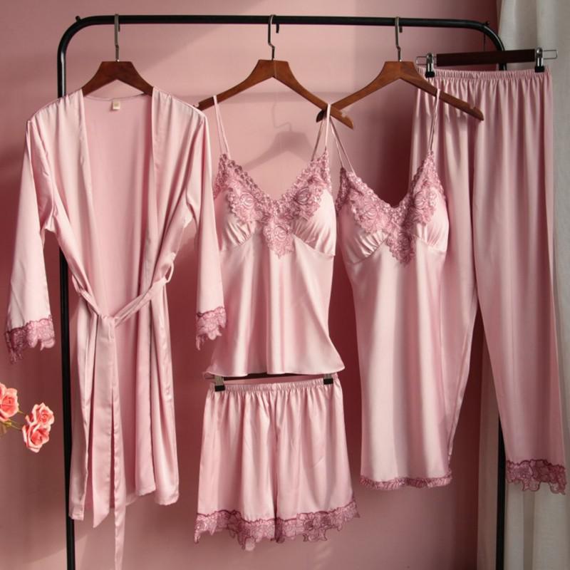 Sexy Female Kimono Bathrobe Gown Satin Nightdress Home Clothes Silky Lace Patchwork Intimate Lingerie Nightgown Sleepwear