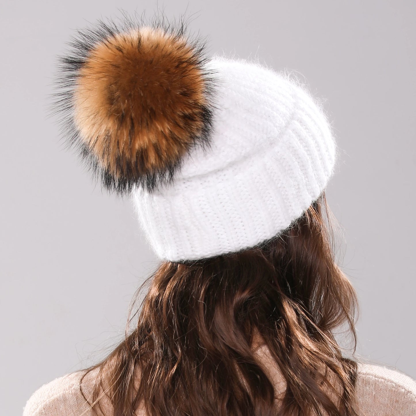 Xthree 70% Angola Rabbit Fur Knitted Hat with Real Fur Pom Pom Hat Skullie Beanie Winter Hat for Women  Girl 's Hat Female Cap