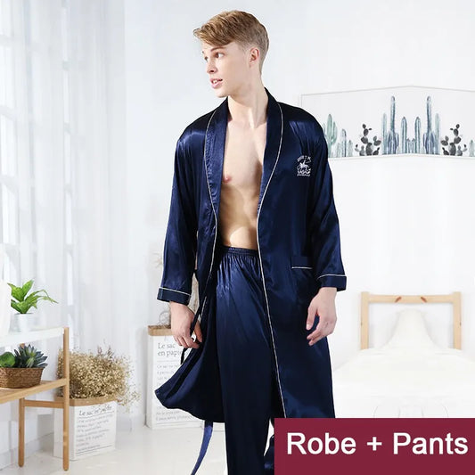 Men Robe Set Satin Loose Kimono Bathrobe Gown Sexy Long Sleeve Autumn Sleepwear Nightgown Bridegroom Wedding Intimate Lingerie