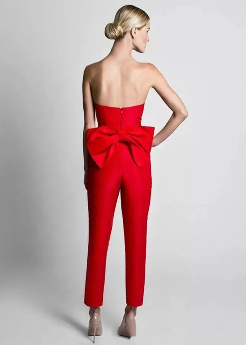 Red Jumpsuit Evening Dresses With Detachable Skirt 2022 Sweetheart Formal Pants Suit Prom Party Gown With Bow Sleeveless