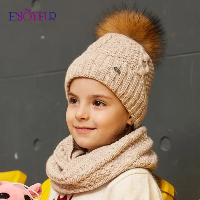 ENJOYFUR winter hat and scarf set for girls high quality Cotton knitted soft hat girl thick boy caps children warm hat set