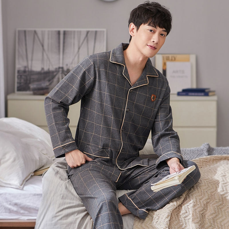 Winter 100% Cotton Pajamas Men Blue Sleepwear  Warm Pyjama Homme Cotton Pijamas Hombre Invierno Cotton Plaid Pyjamas Plus Size