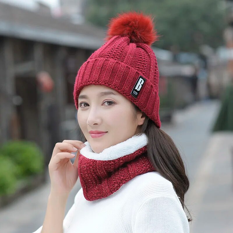 Autumn Winter Women's Hat Caps Knitted Wool Warm Scarf Thick Windproof Balaclava Multi Functional Hat Scarf Set For Women