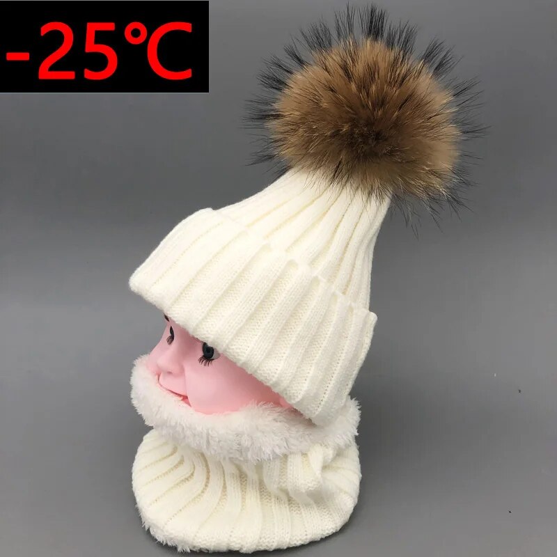 winter hat set Boys Girls Kids Warm Fleece Liner Hats set Winter Hat For Children Baby 100% Fur Pompom Skullies Beanies