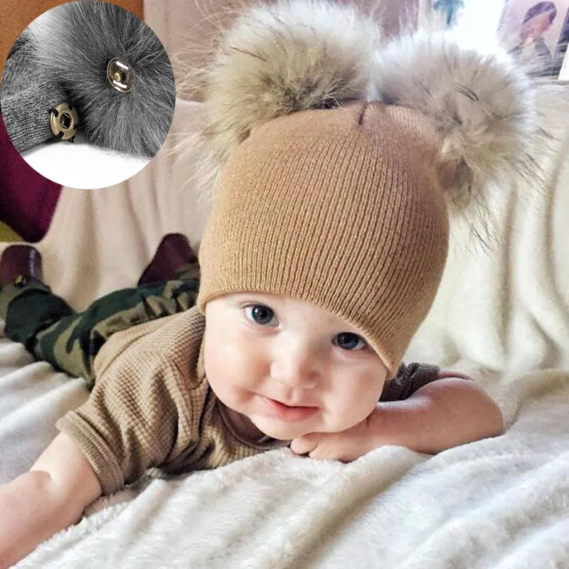 Cute Baby Kids Winter Hat Knitted Warm Double Fur Pompom Caps Beanies Boys Girls Pom Pom hats Children Solid Cap Bonnet Gorro