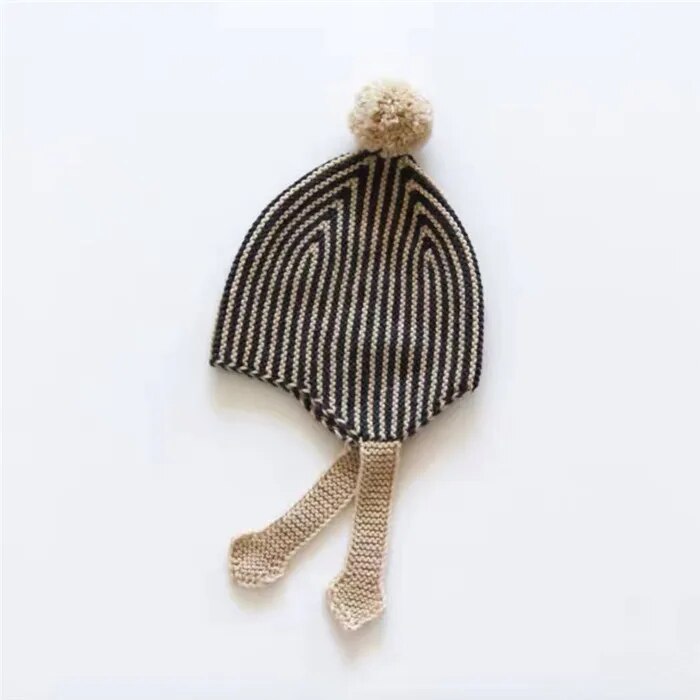 0-4 Years Winter Merino Wool Baby Hats Knit Stripe Fur Ball Beanie Toddler Kids Lovely Knit Crochet Warm Scarf