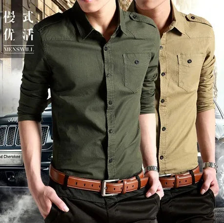 2023 Men Causal Dress Shirt Cotton,men's Army Long Sleeve Slim Shirts Military Khaki Shirts Green Fit Military Style Male Shirts