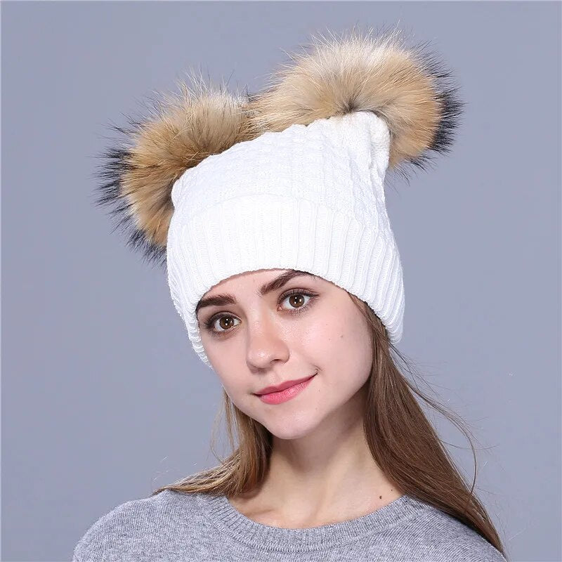 Xthree winter hat for women knitting beanies natural fur double pom poms Skullies girls hat feminino cap