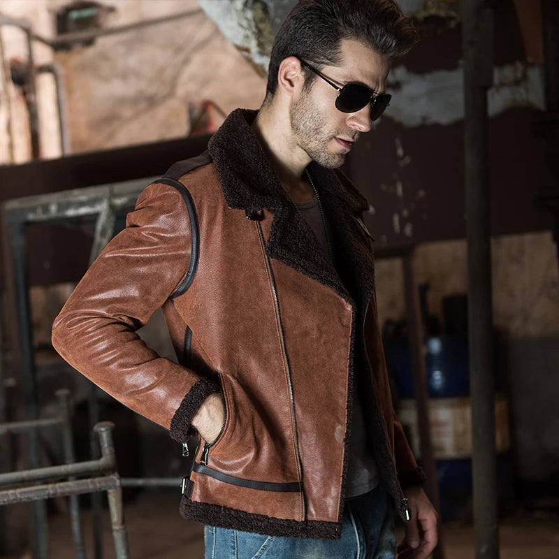 Men's Genuine Leather Pigskin Motorcycle Real Leather Jackets With Faux Fur Shearling Aviator Bomber Jacket Winter Coat Men