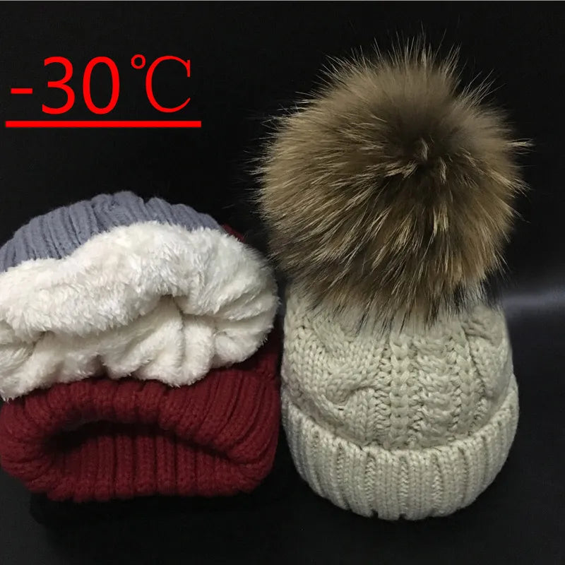 2021 Skullies Beanies women Plus velvet Winter Hat For Women Warm Women Hat Brand Knitting Cap 18cm fur pom poms Leisure Hat