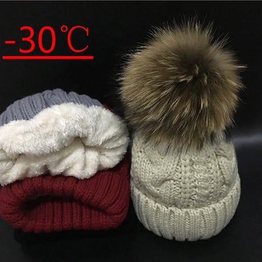 2021 Skullies Beanies women Plus velvet Winter Hat For Women Warm Women Hat Brand Knitting Cap 18cm fur pom poms Leisure Hat