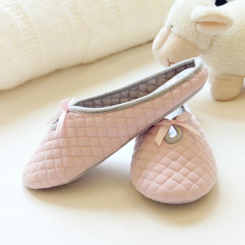 Lovely Bowtie Winter Women Home Slippers For Indoor Bedroom House Soft Bottom Cotton Warm Shoes Adult Guests Flats