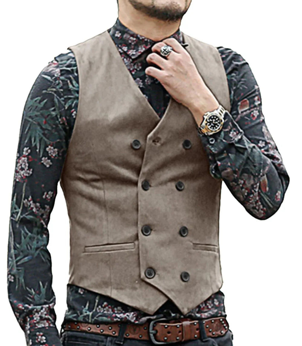 Mens Suit Vest V Neck Wool Brown Black Double-breasted Slim Fit Waistcoat Casual Formal Business Groomman For Wedding Vest