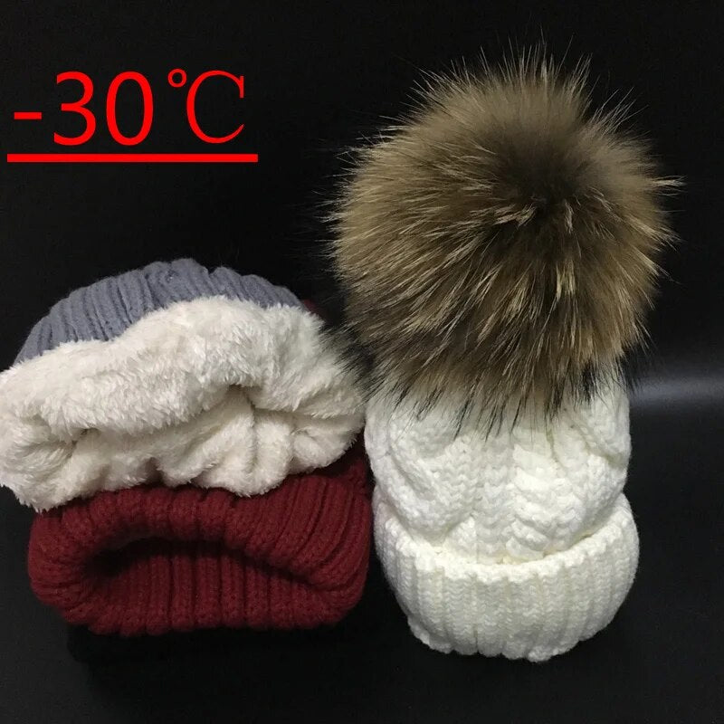 2021 Skullies Beanies women Plus velvet Winter Hat For Women Warm Women Hat Brand Knitting Cap 18cm fur pom poms Leisure Hat