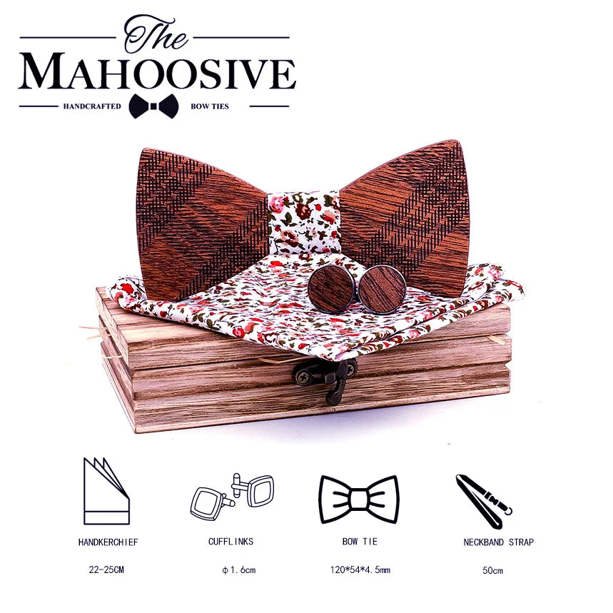 Wooden Bowtie Handkerchief Cufflinks Sets gravata noeud papillon gift for Mens Suit Wooden Bow Tie Bowknots Wedding Party Ties