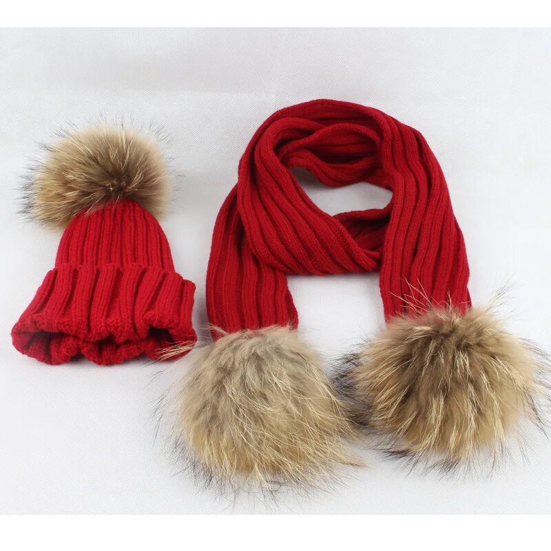 Kids Winter Hat Scarf Set Baby Warm Knitted Beanie Boys Girls Real Fur Pompom Hat For Children Winter Cap Skullies Beanies