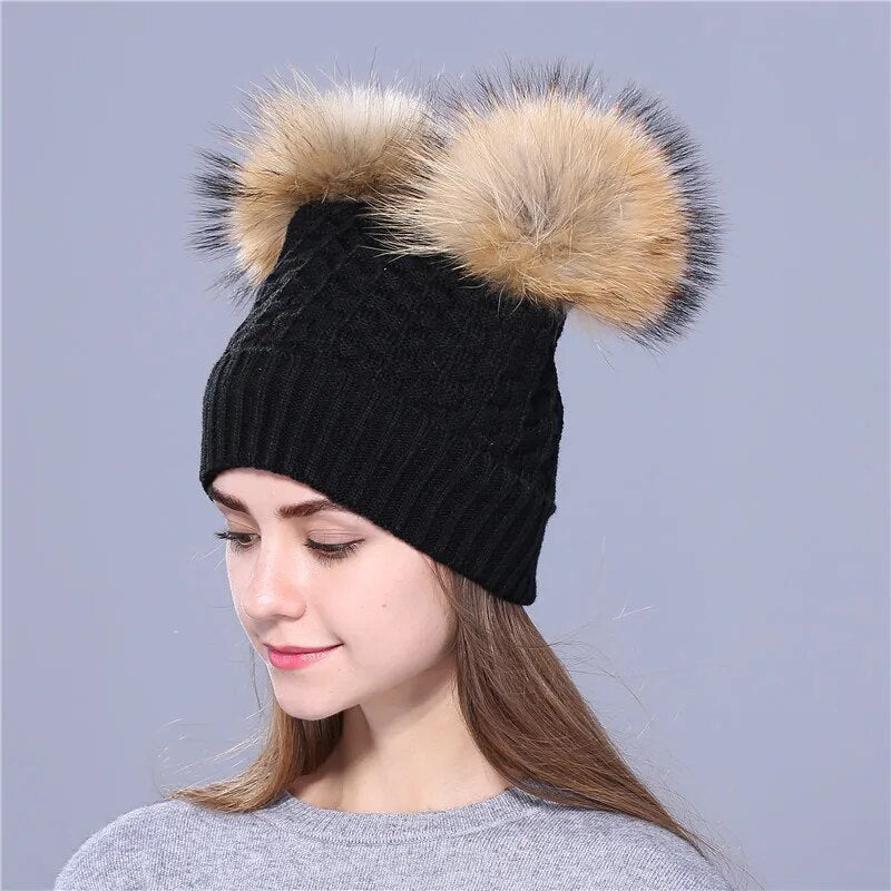 Xthree winter hat for women knitting beanies natural fur double pom poms Skullies girls hat feminino cap