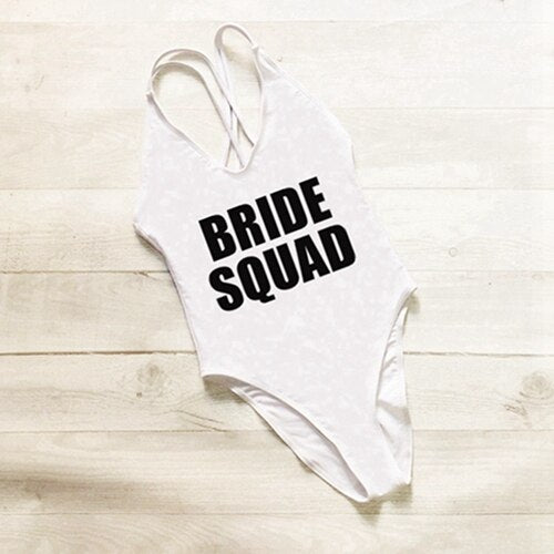 BRIDE SQUAD Women One Piece Swimsuit High Cut team bride swimwear Bathing Suit Black Monokini Bodysuit Beachwear Maillot De Bain