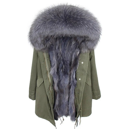 MAOMAOKONG Natural Raccoon Fur Collar Winter Coat Remove Liner Slim Jacket Fur Coat Woman Parkas Female Clothes