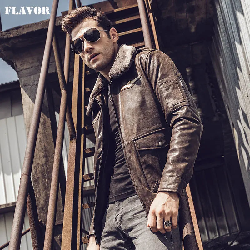 2017 Men's Retro Pilot Real Leather Jacket Motorcycle Male Winter Coat Pigskin Genuine Leather Aviator Jacket Bomber Jacket