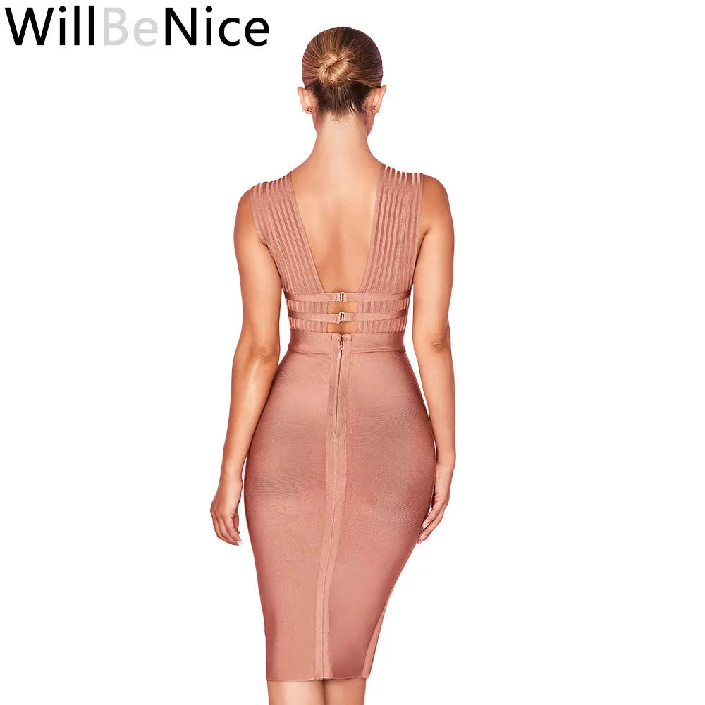 WillBeNice Women Hollow Cut Out Bandage Dress 2019 New  Sexy Deep V-Neck Sleeveless Bodycon Club  White Evening Party Dress