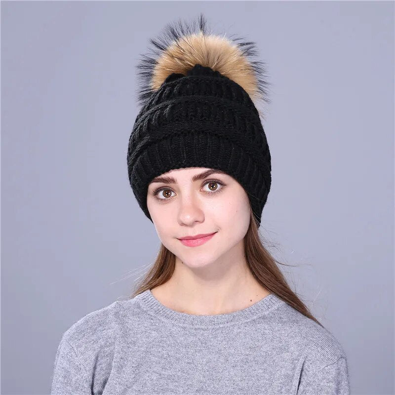 Xthree real fox fur pom poms ball Keep warm winter hat for women girl 's wool hat knitted beanies cap thick female cap