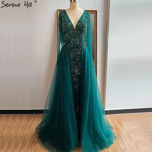 Serene Hill Green Sexy Mermaid  With Train Crystal Beaded Luxury Arabic Evening Dress Gowns For Woman Wedding Party 2023 LA6571