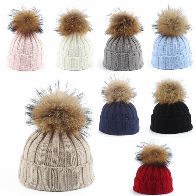 2023 Fashion Children Winter Real Fur Pompom Beanie Hat Scarf Warm Knitted Baby Hats For Kids Girls Boys Pom pom Cap