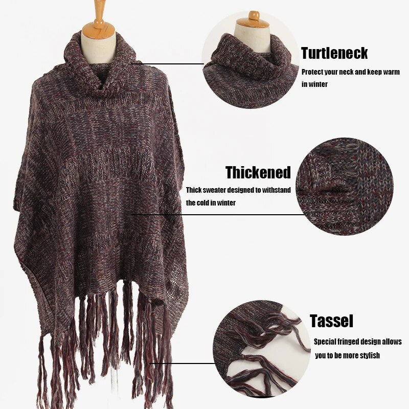 New Turtleneck Knitted Scarf Women Poncho And Capes Striped Pullovers Ladies Cardigan Long Sleeve  Casual  Sweaters