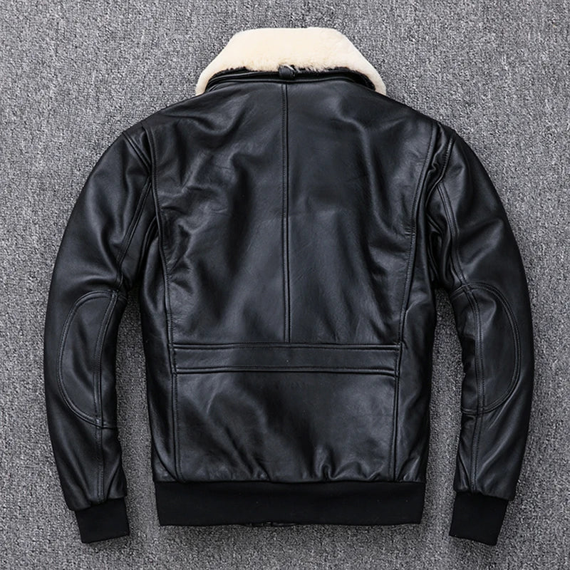 Quilted 100% Sheepskin Leather Jacket Men Air Force Flight Jacket Man Winter Coat Collar Removable M176