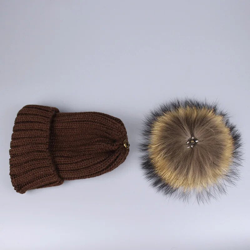 2018 Girl Pom Pom Beanie Warm Knitted Bobble Fur Pompom Hat and Scarf Set Children Real Raccoon Fur Pompon Winter Hat Skullies