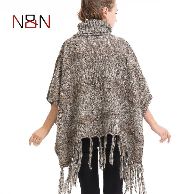 New Turtleneck Knitted Scarf Women Poncho And Capes Striped Pullovers Ladies Cardigan Long Sleeve  Casual  Sweaters