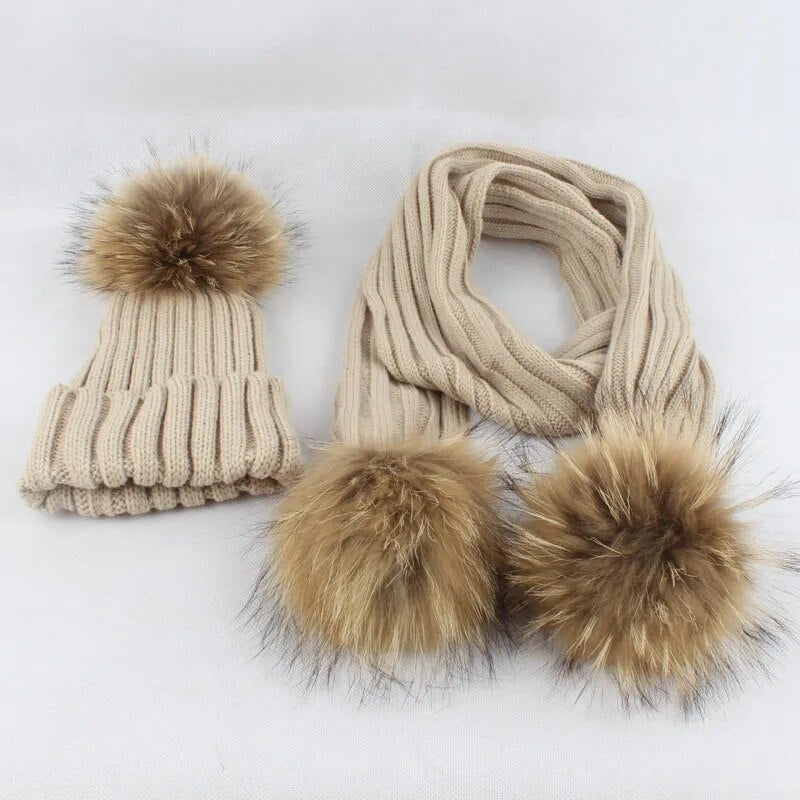 Kids Winter Hat Scarf Set Baby Warm Knitted Beanie Boys Girls Real Fur Pompom Hat For Children Winter Cap Skullies Beanies