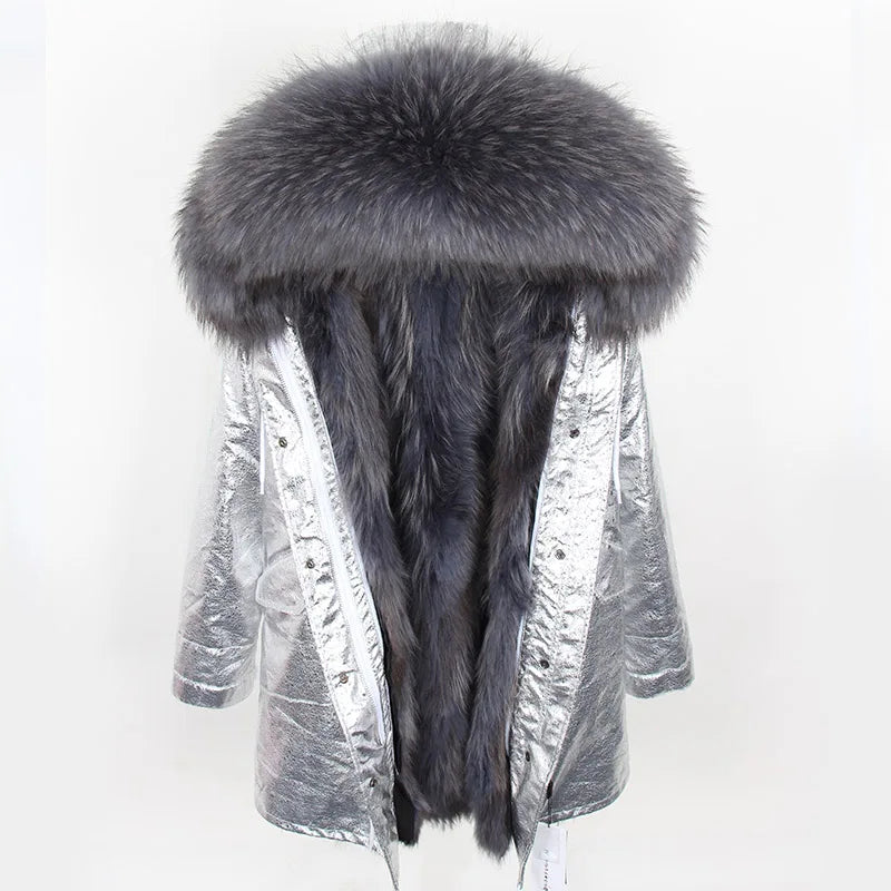 MAOMAOKONG Natural Raccoon Fur Collar Winter Coat Remove Liner Slim Jacket Fur Coat Woman Parkas Female Clothes