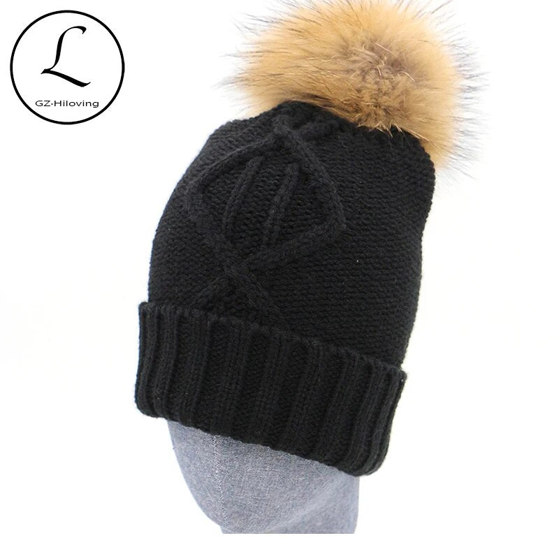 GZHILOVINGL Thick Beanies Cap For Women Striped Hats Genuine Fur Winter Hat Elasticity Unisex Gorros 16523A1