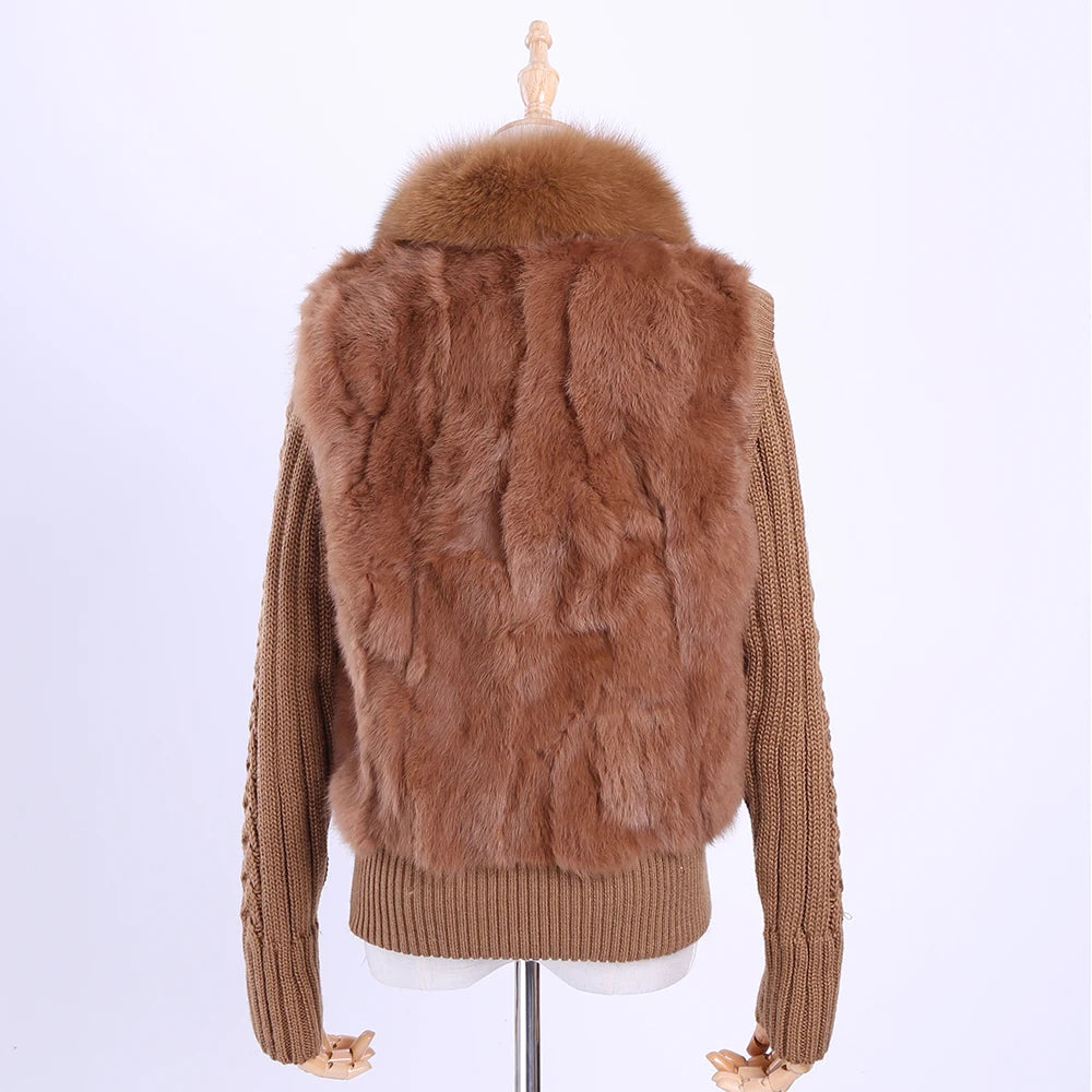 Women's Genuine Real Rabbit Fur Fox Fur Collar Knitting Sleeve Women's Winter Coat Fur Jacket Casual Short Outwear Slim