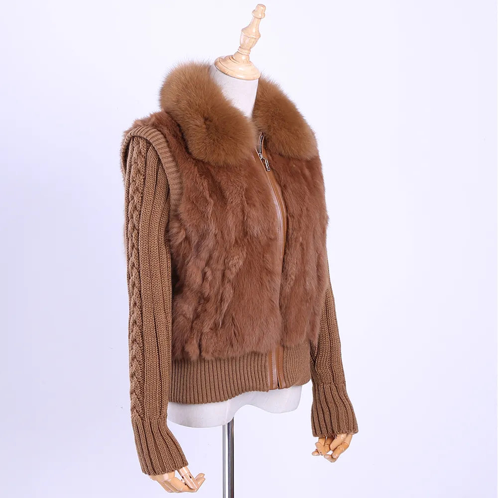 Women's Genuine Real Rabbit Fur Fox Fur Collar Knitting Sleeve Women's Winter Coat Fur Jacket Casual Short Outwear Slim