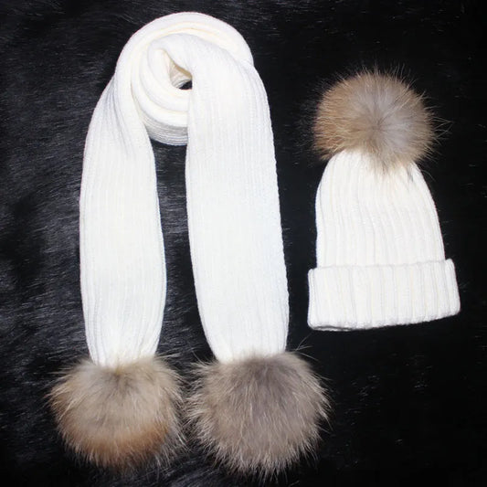 Female knitted 180cm long Scarf and Hat Set  Luxury Winter Warm Crochet Hats and scarves with Real fur pom Beanie Hat for Women